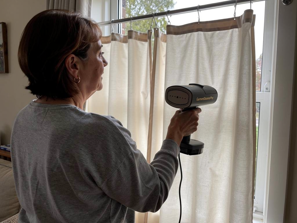 Steaming a hanging curtain one-handed — the plate grips the fabric